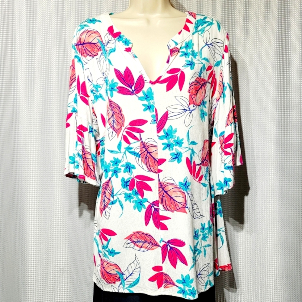 Woman Within Tropical Floral Top with Bell Sleeves (18/20/L)